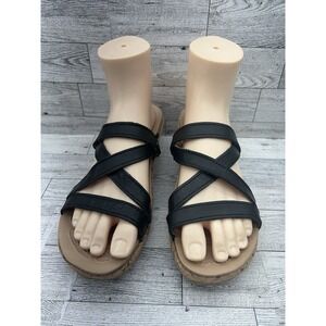 Crocs A-Leigh Women's Size‎ 9 Black Leather Strappy Cork Wedge Comfort Sandal